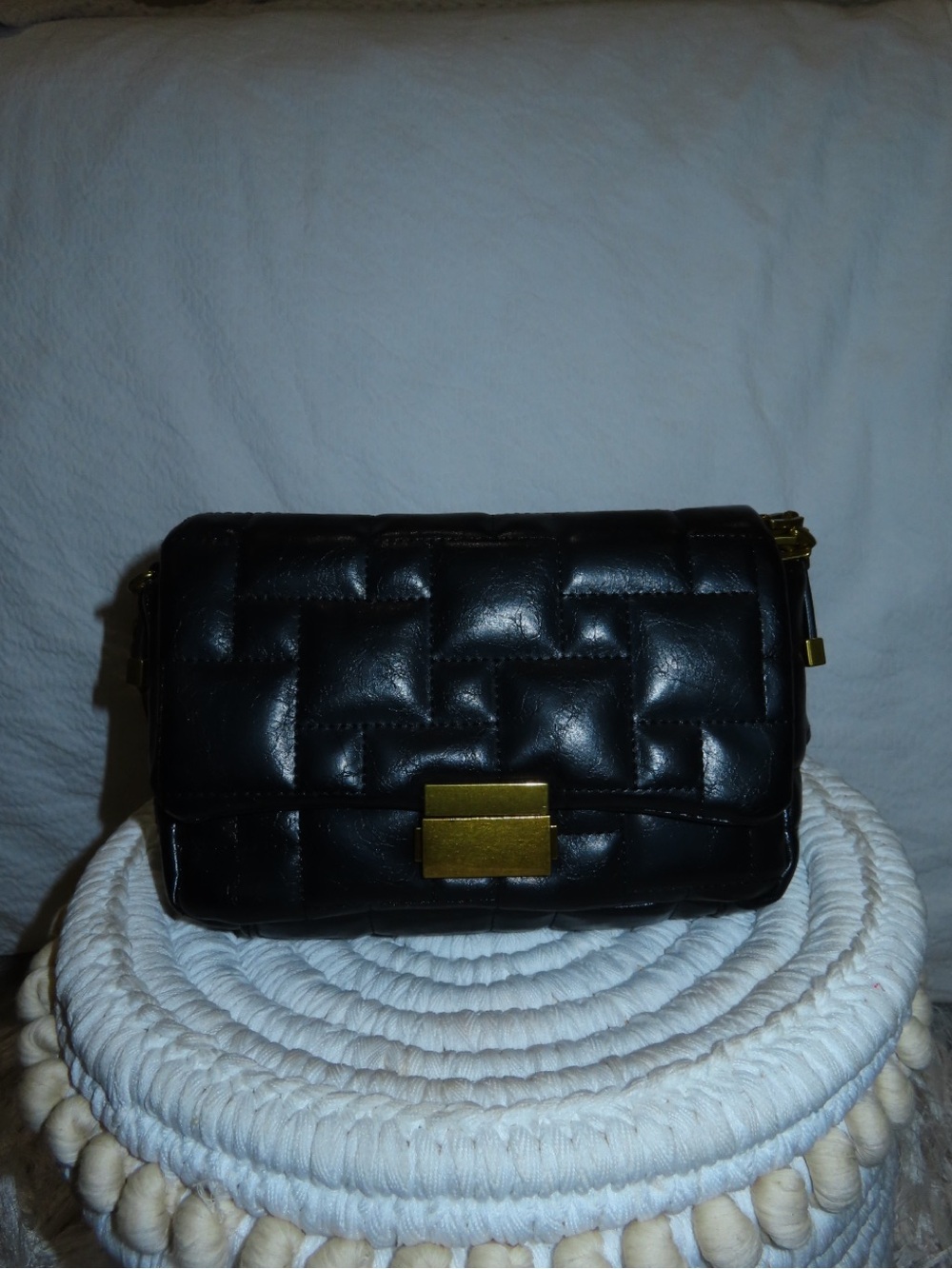 Zara Black Quilted Crossbody Bag with Gold-Tone Clasp